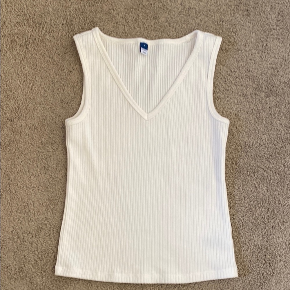 White Ribbed V-Neck Tank Top